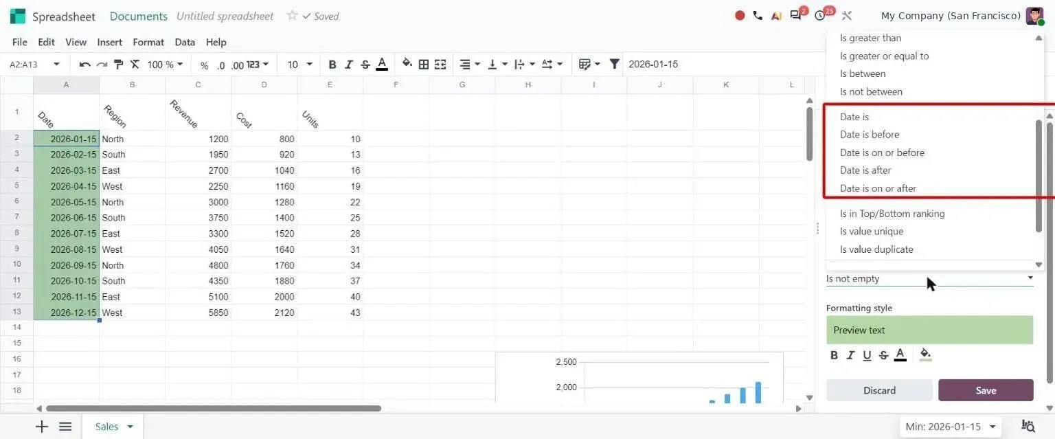 Conditional formatting rule list with new Date is before/after options