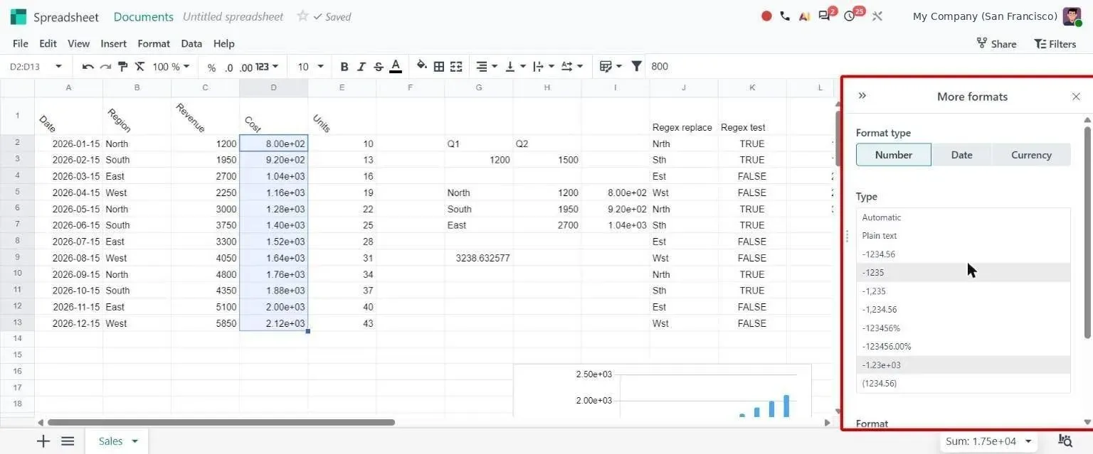 More formats side panel to define custom number, date and currency formats