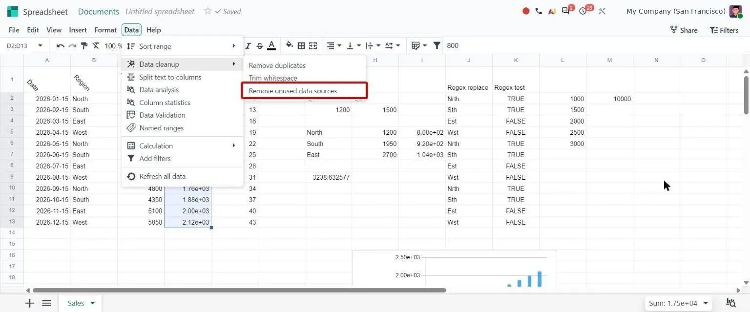 Data > Data cleanup menu with Remove unused data sources option
