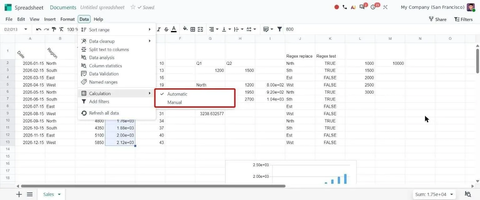 Data > Calculation submenu to switch between Automatic and Manual recalculation