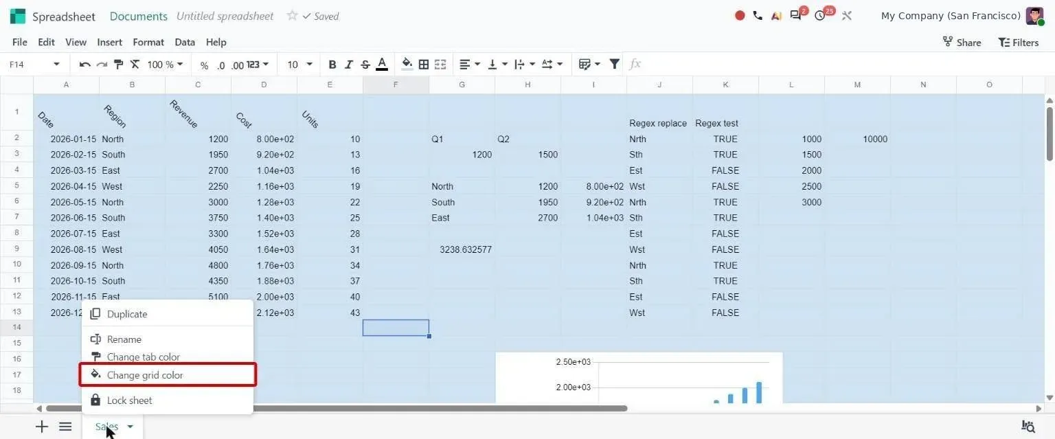 Change grid color option applied, whole sheet with light blue background