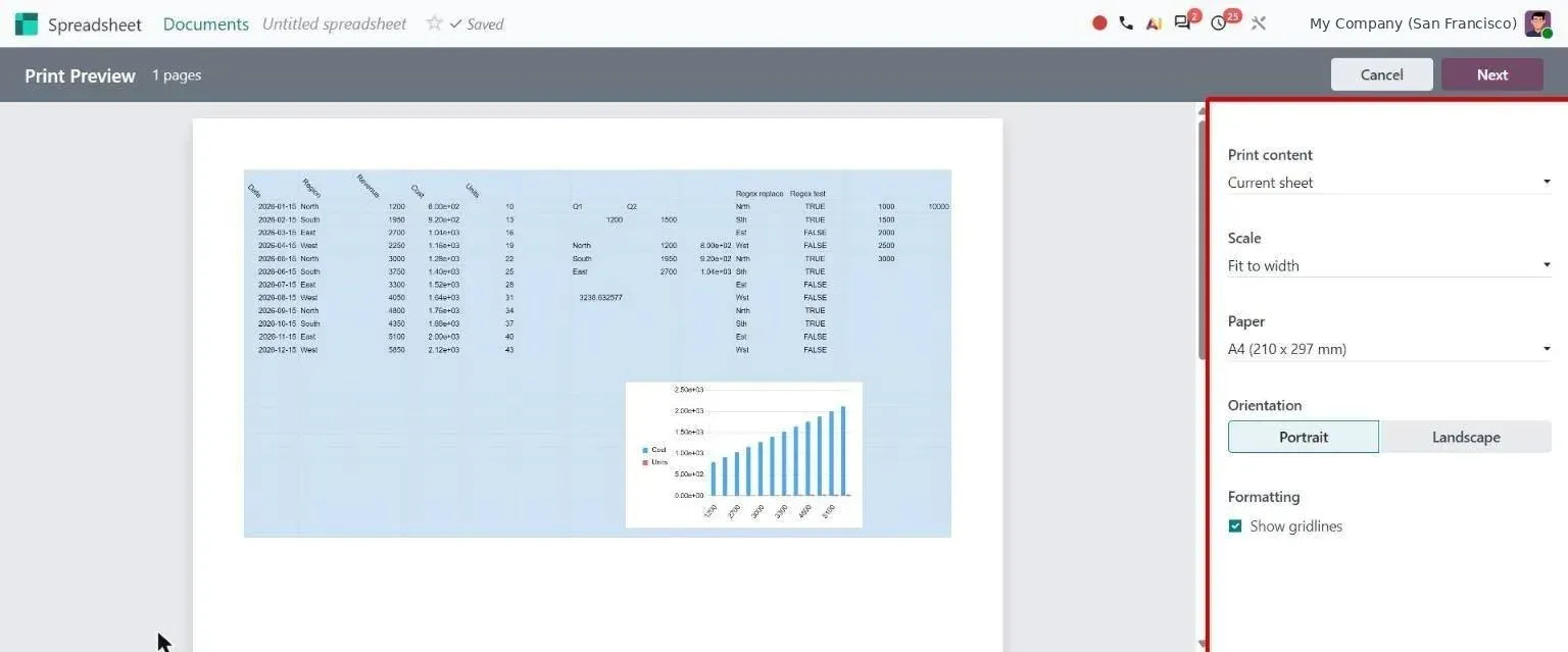 Print Preview with content, scale, paper, orientation and gridline settings