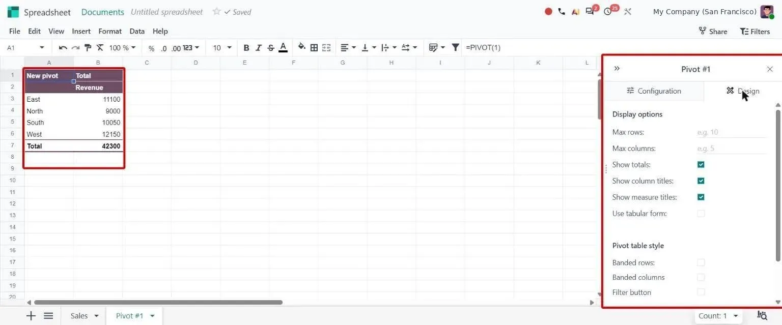Range pivot with new Design tab: display options, tabular form and table styles