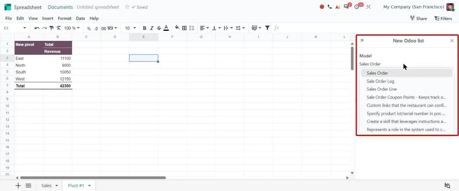 New Odoo list panel inserting a Sales Order list directly from the spreadsheet