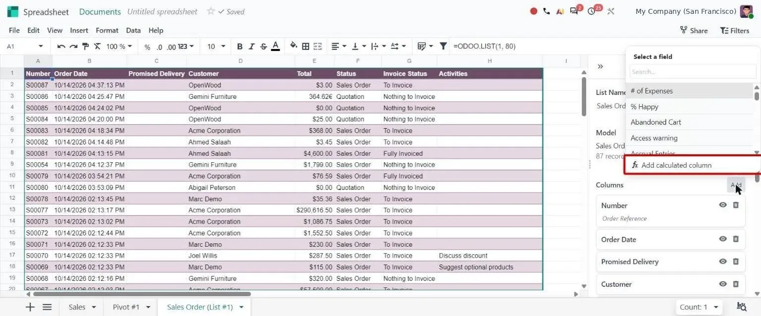 Odoo list side panel column picker with Add calculated column option