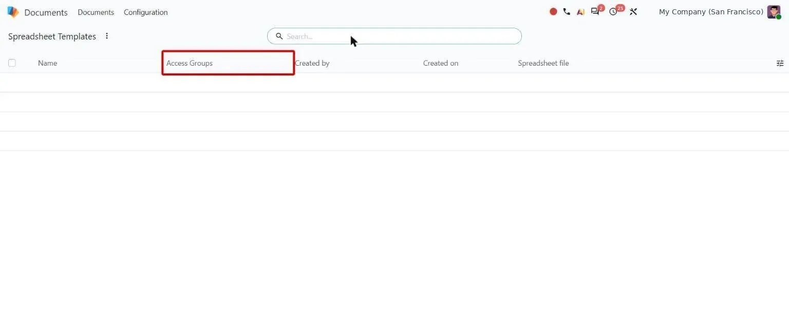 Spreadsheet Templates list with the new Access Groups column