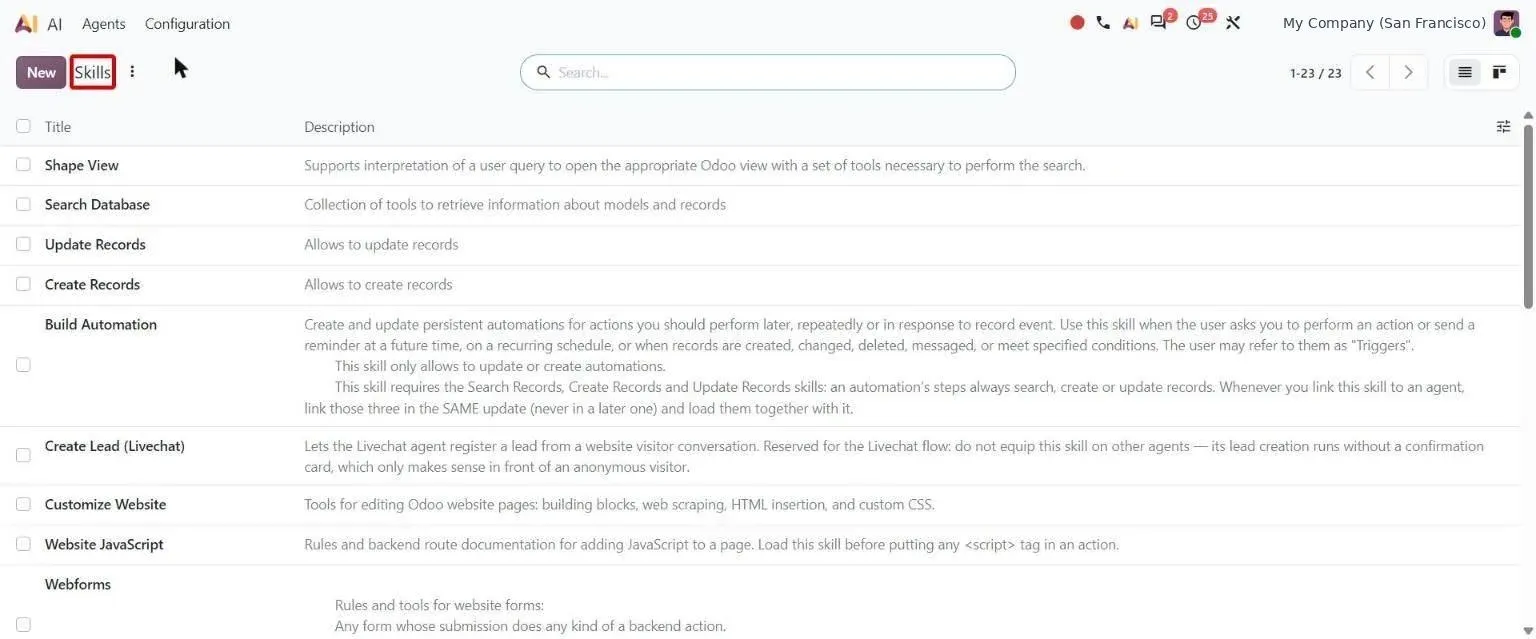 AI > Configuration > Skills list, formerly called Topics