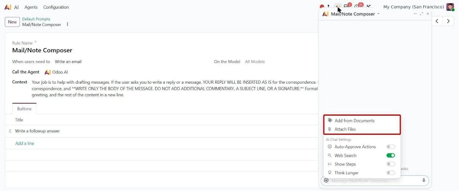 AI chat + menu with Add from Documents and Attach Files