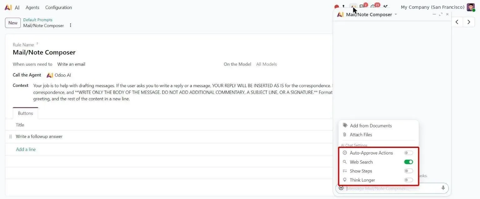 AI chat + menu request options: auto-approve, web search, steps, think longer