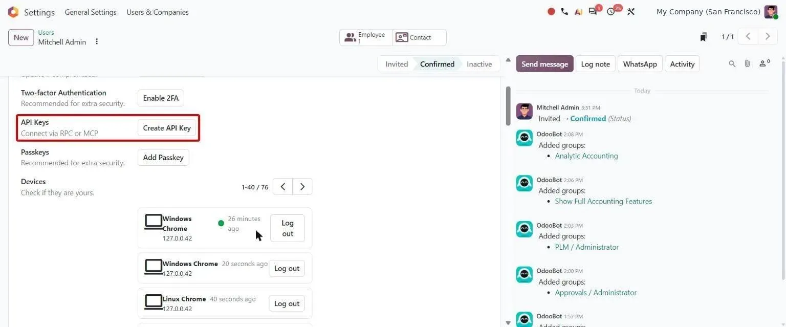 User Security tab: API Keys to connect via RPC or MCP