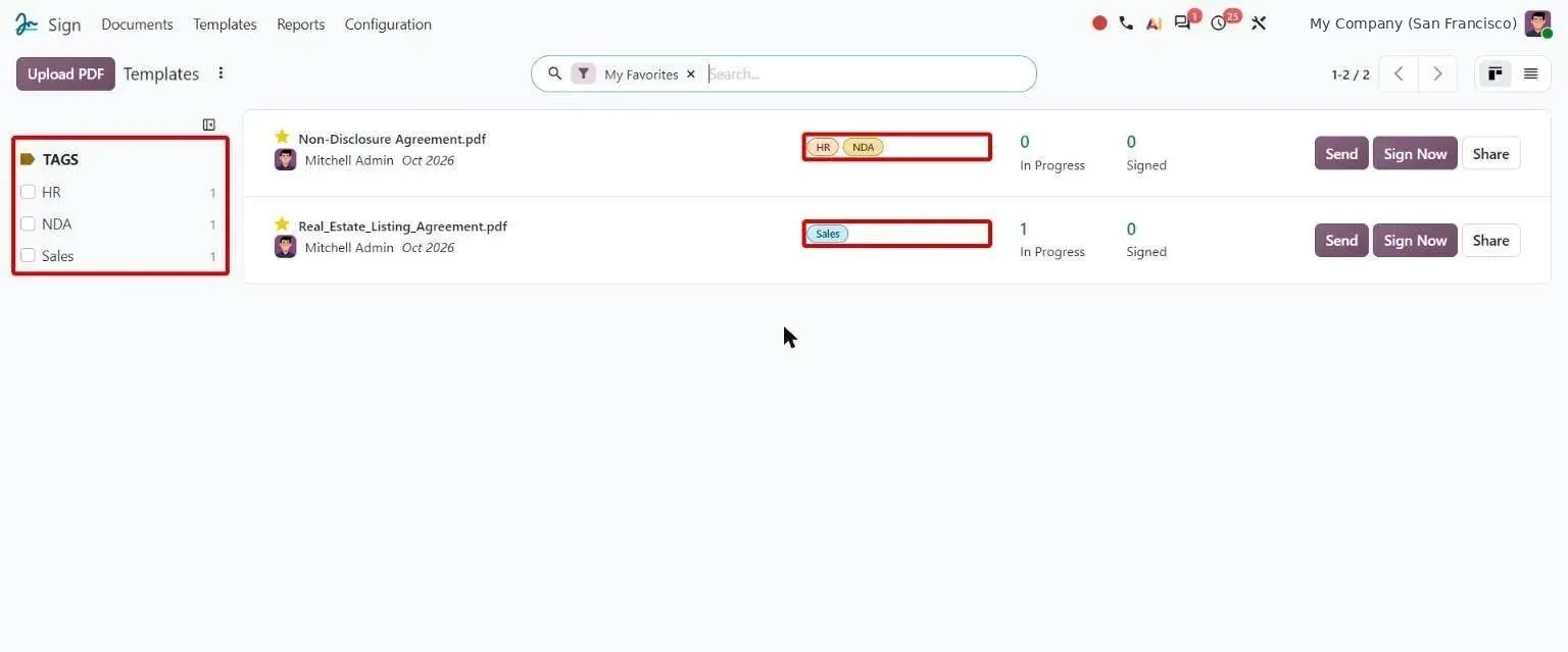 Sign templates Kanban with editable tags and tag filter panel