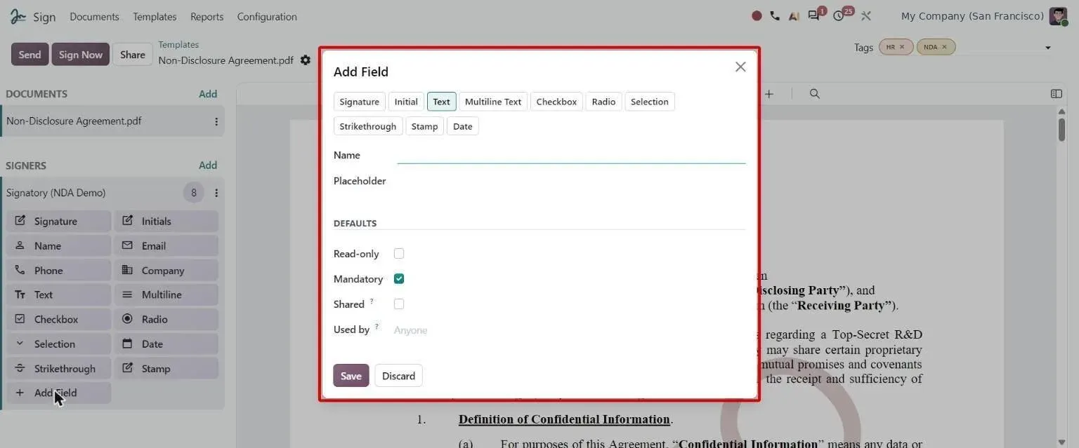 Add Field dialog creating a new field type directly from the template editor