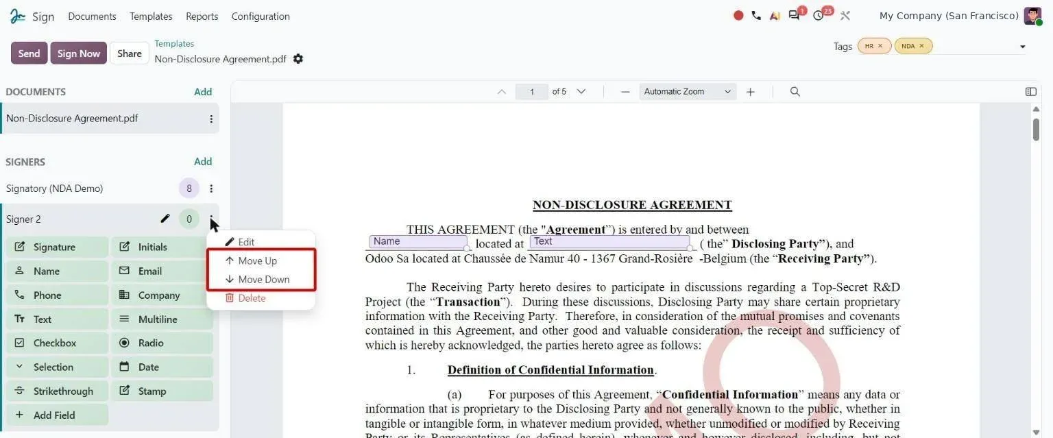 Signer menu in template editor with Move Up and Move Down