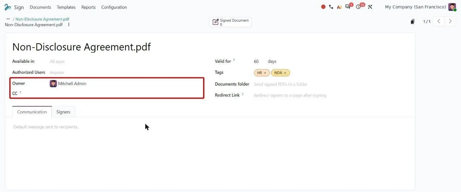 Sign template configuration with Owner and preset CC recipients