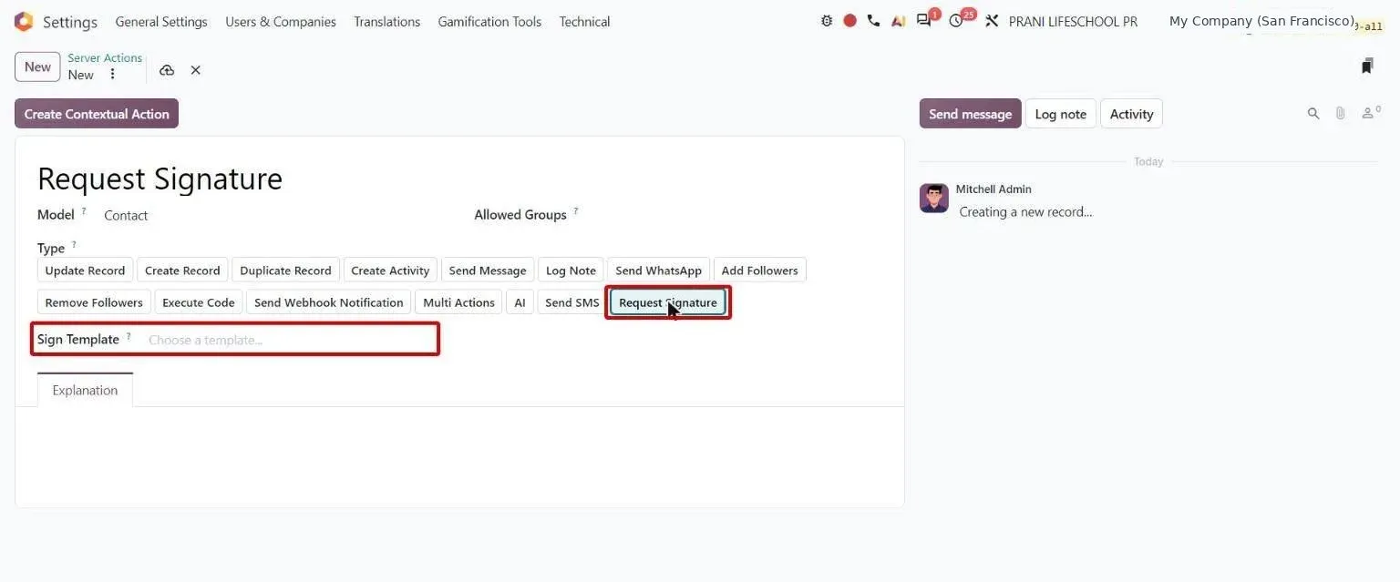 Server action type Request Signature with Sign Template selection