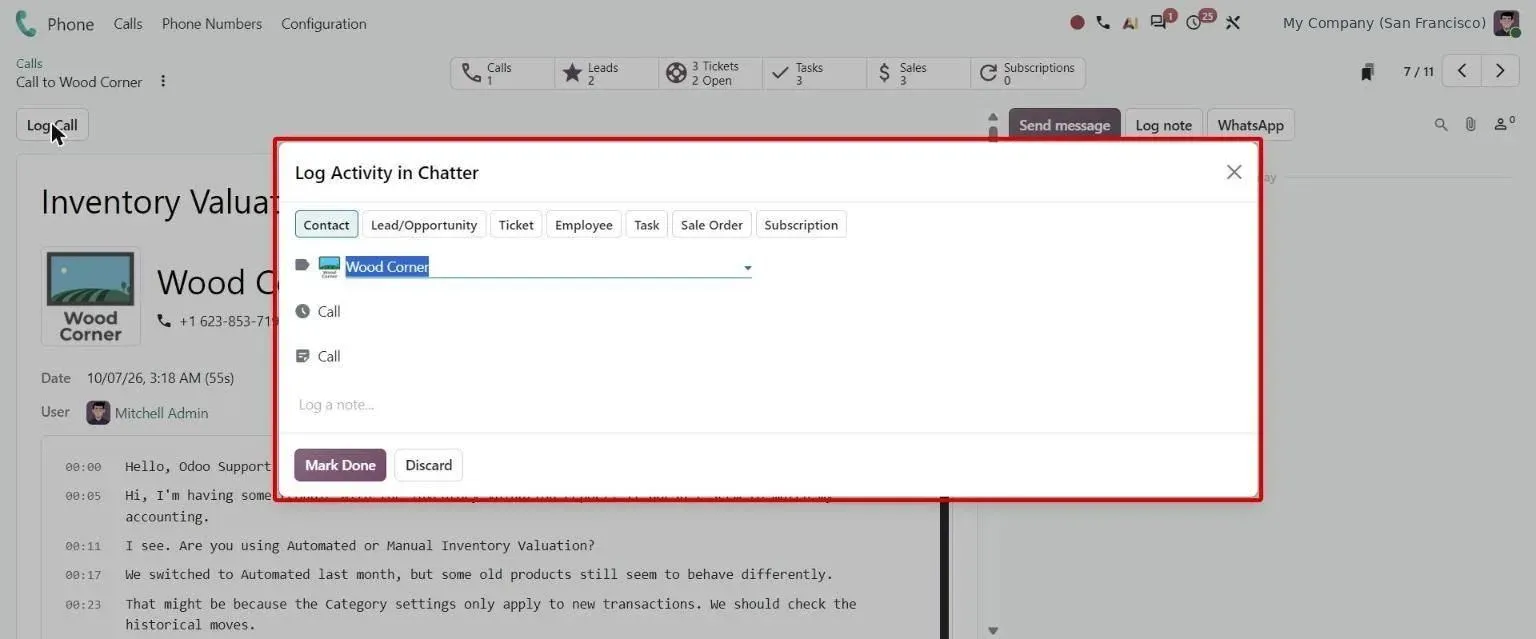 Log Call dialog to log a finished call in the chatter of a chosen record