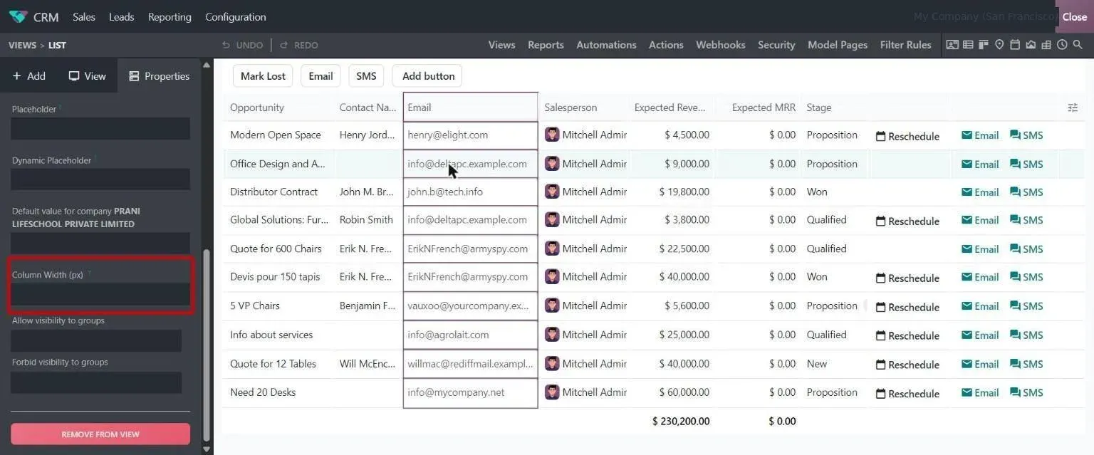 Studio list editor: Column Width (px) property for the selected Email column