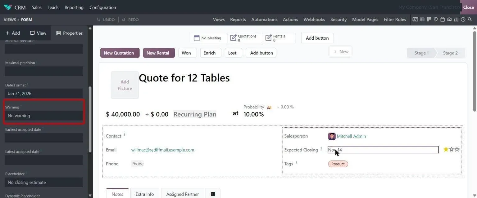 Studio date field properties with new Warning option for past/future dates