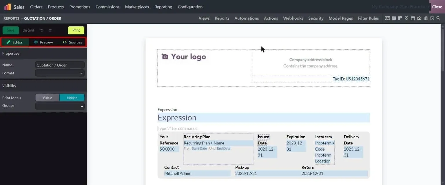 Redesigned Studio report editor with Editor, Preview and Sources tabs