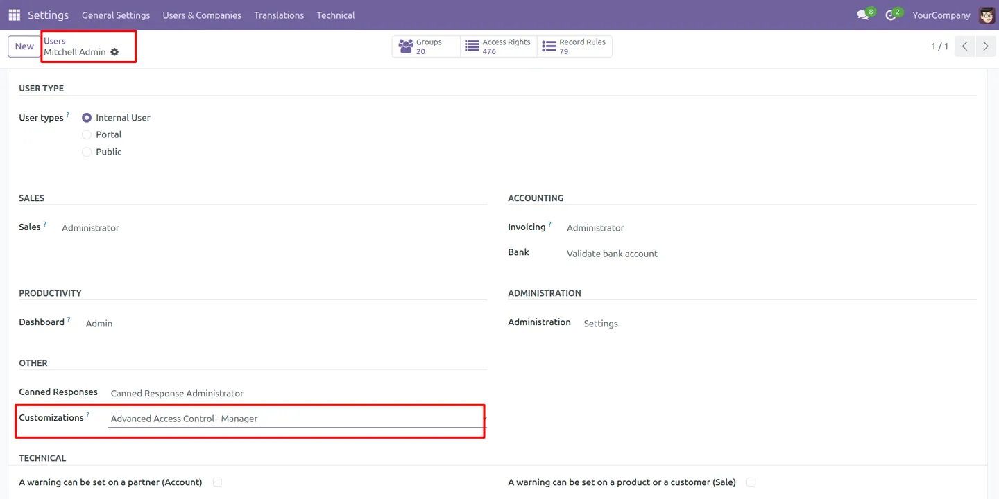Configuring Advanced Access Control permissions on a manager user in Odoo