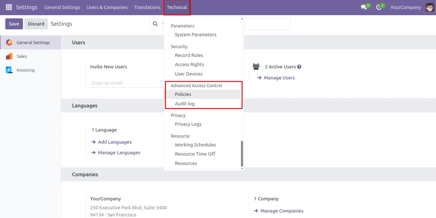 The Advanced Access Control policies menu under Odoo technical settings