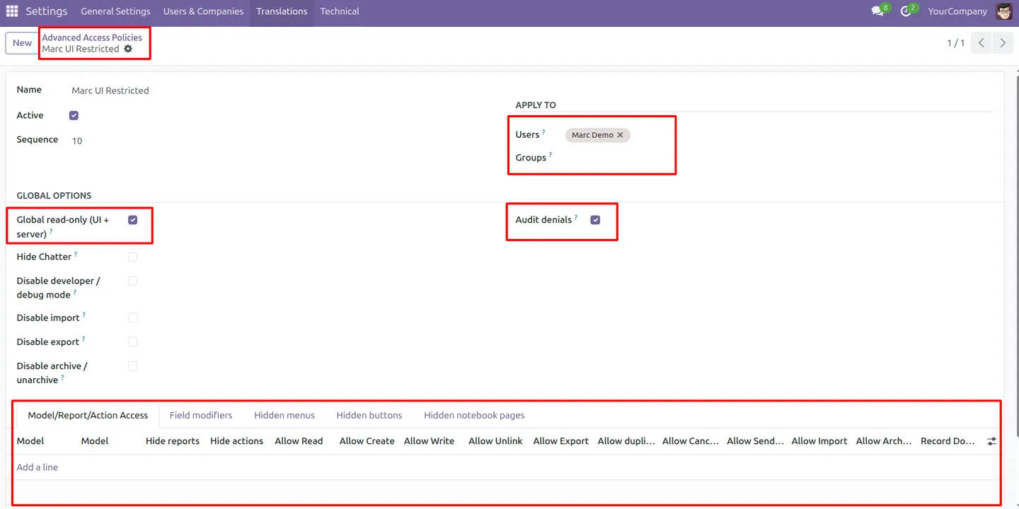 Configuring global read-only mode in Advanced Access Control for Odoo