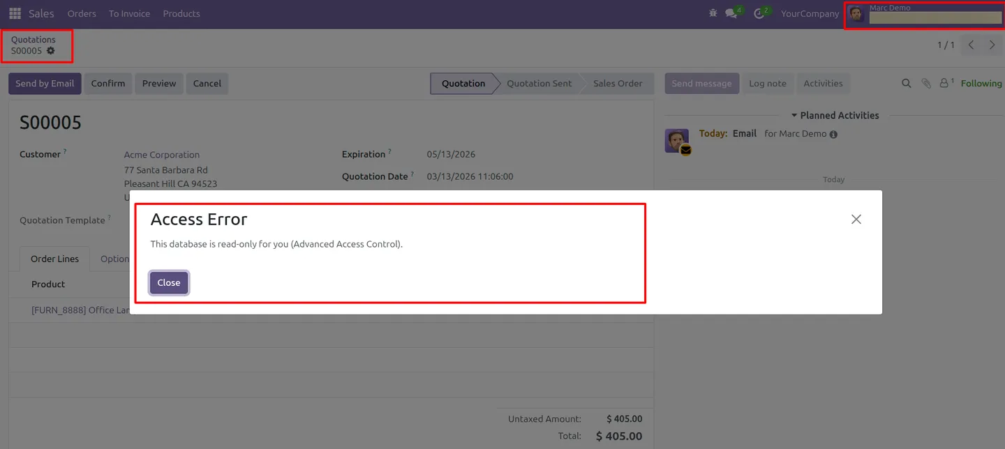 An Odoo record locked by global read-only access control