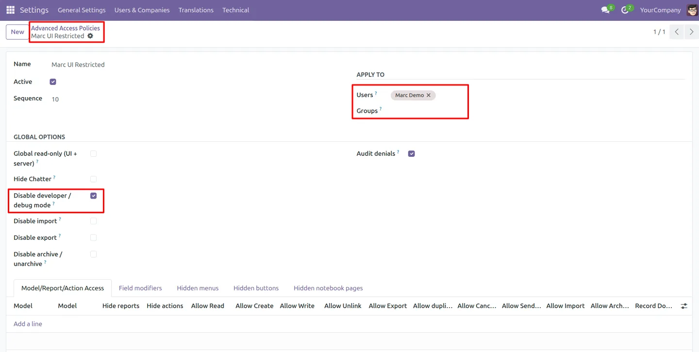 Disabling developer and debug mode for a user in Advanced Access Control