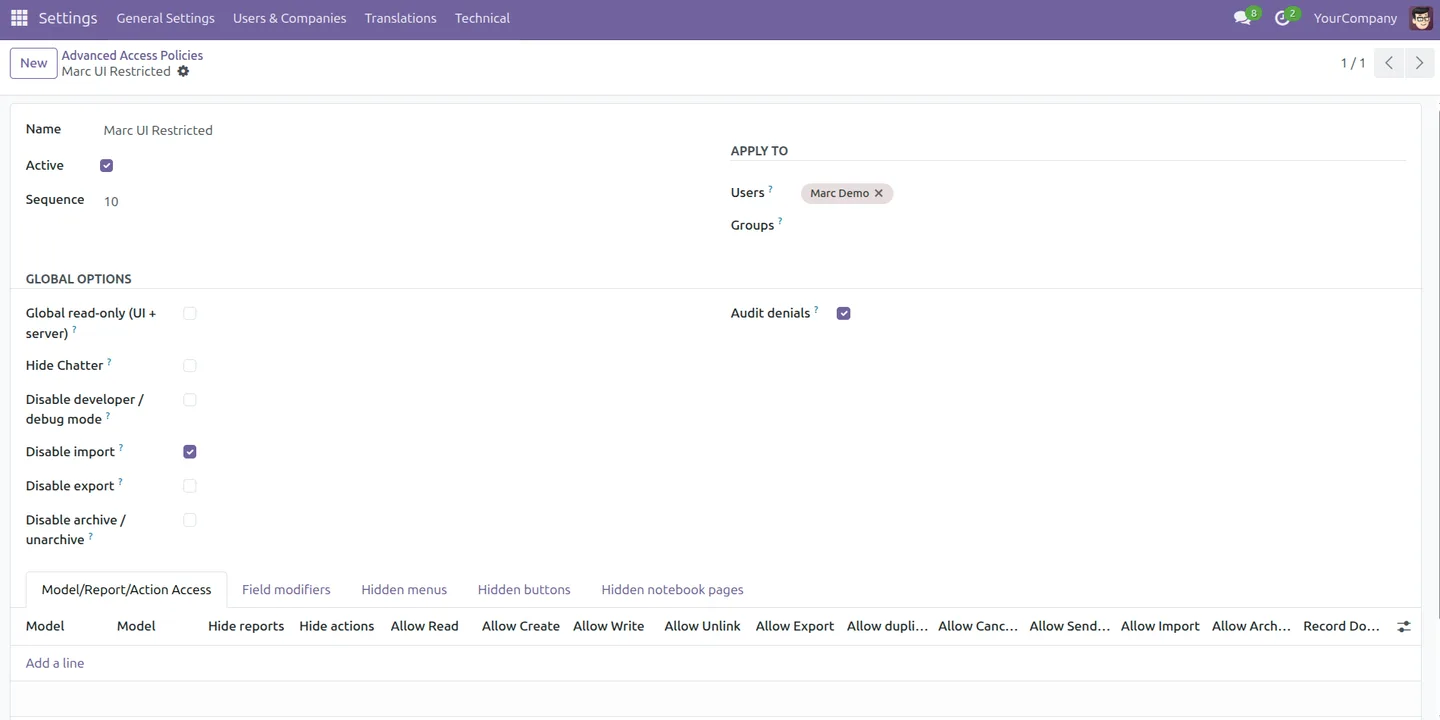 Configuring the import restriction in Advanced Access Control for Odoo