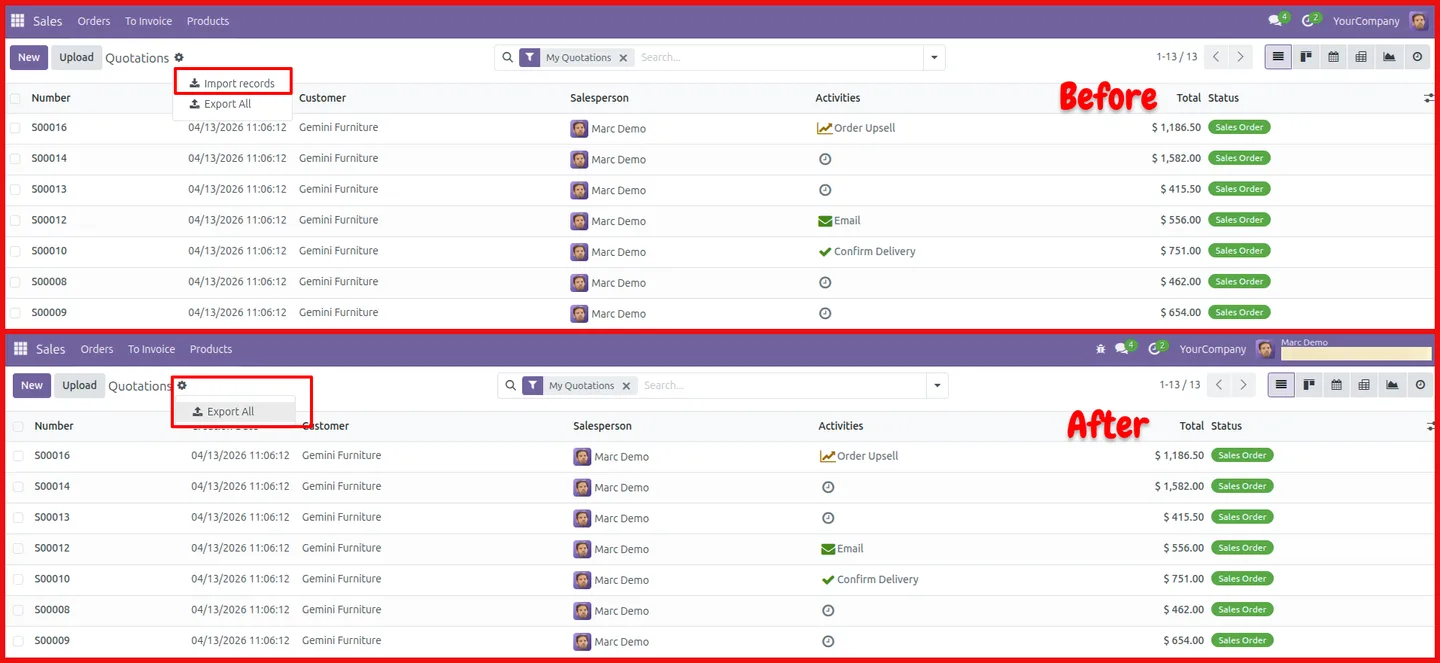 An Odoo list view with the Import option disabled by access control