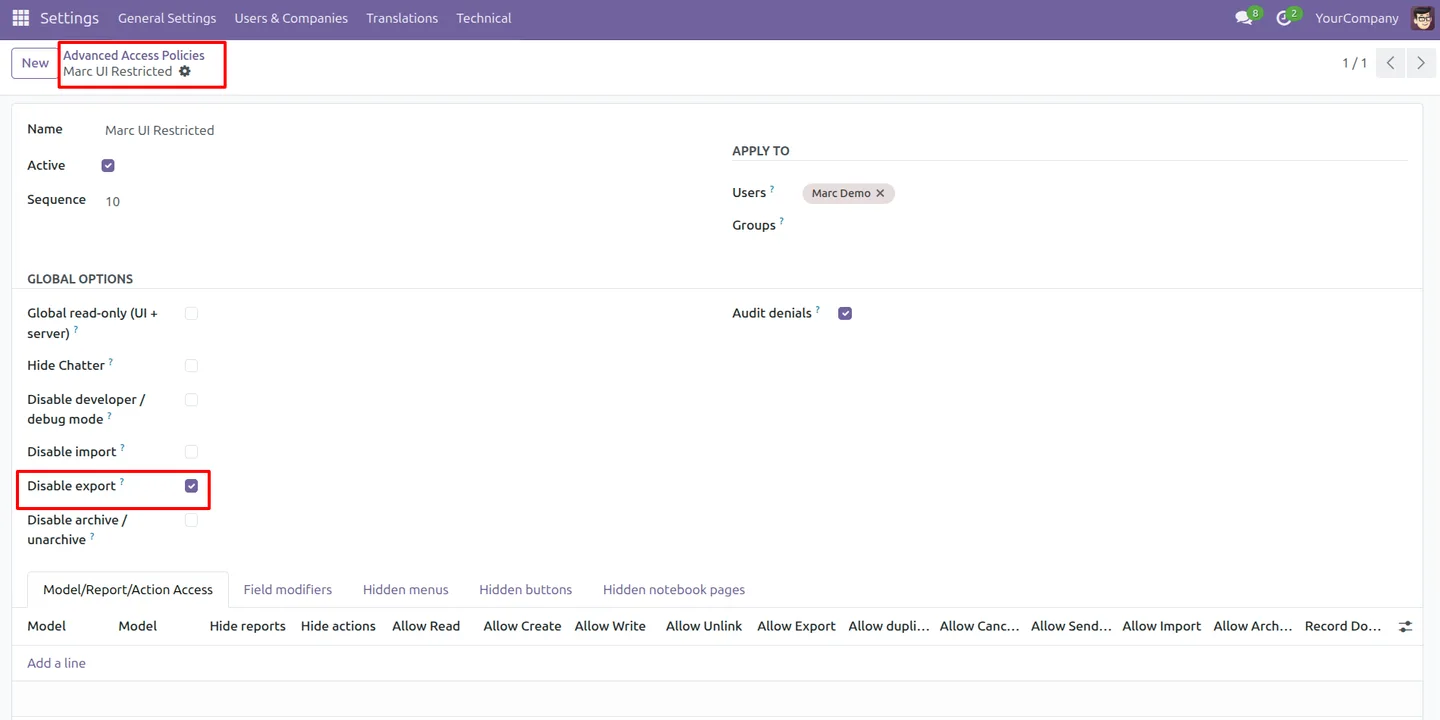 Configuring the export restriction in Advanced Access Control for Odoo