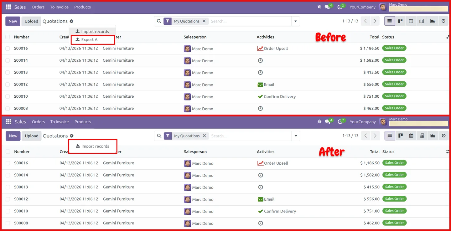 An Odoo list view with the Export action blocked by access control