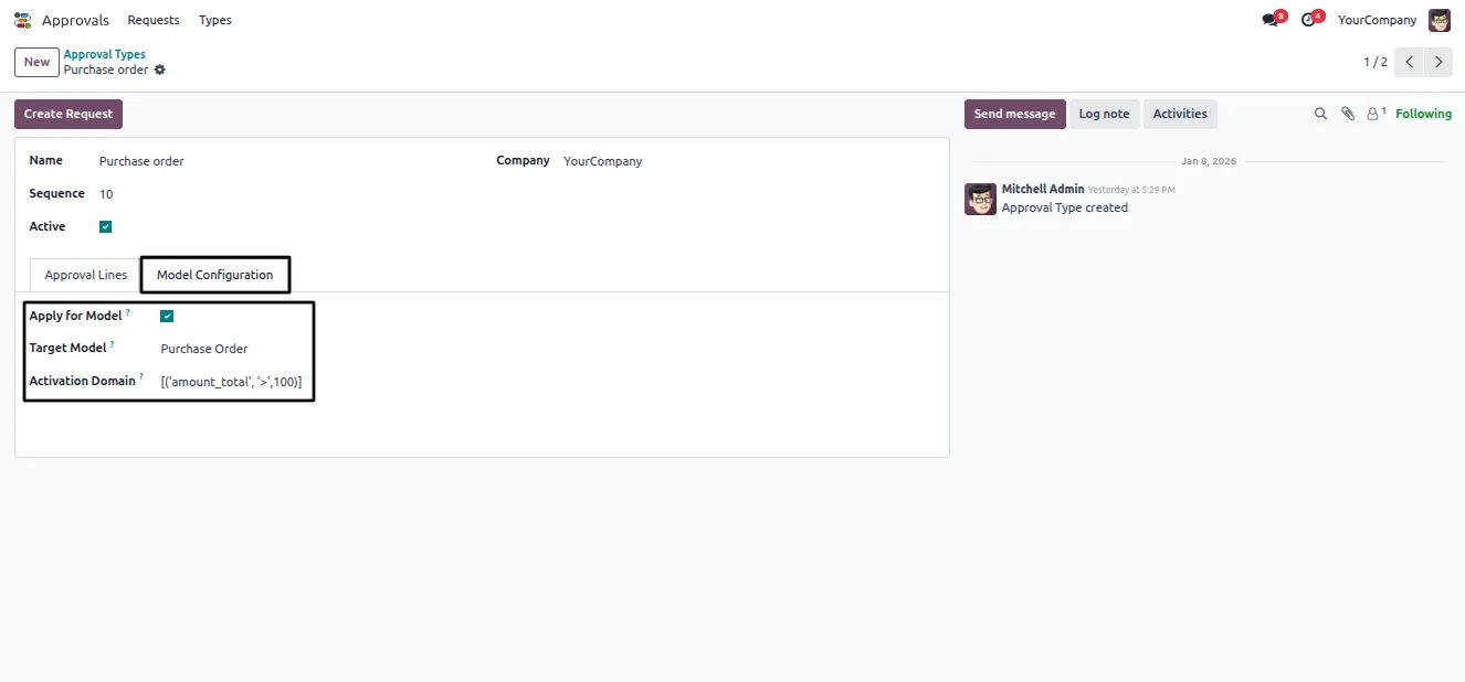 Creating a new approval request in Odoo