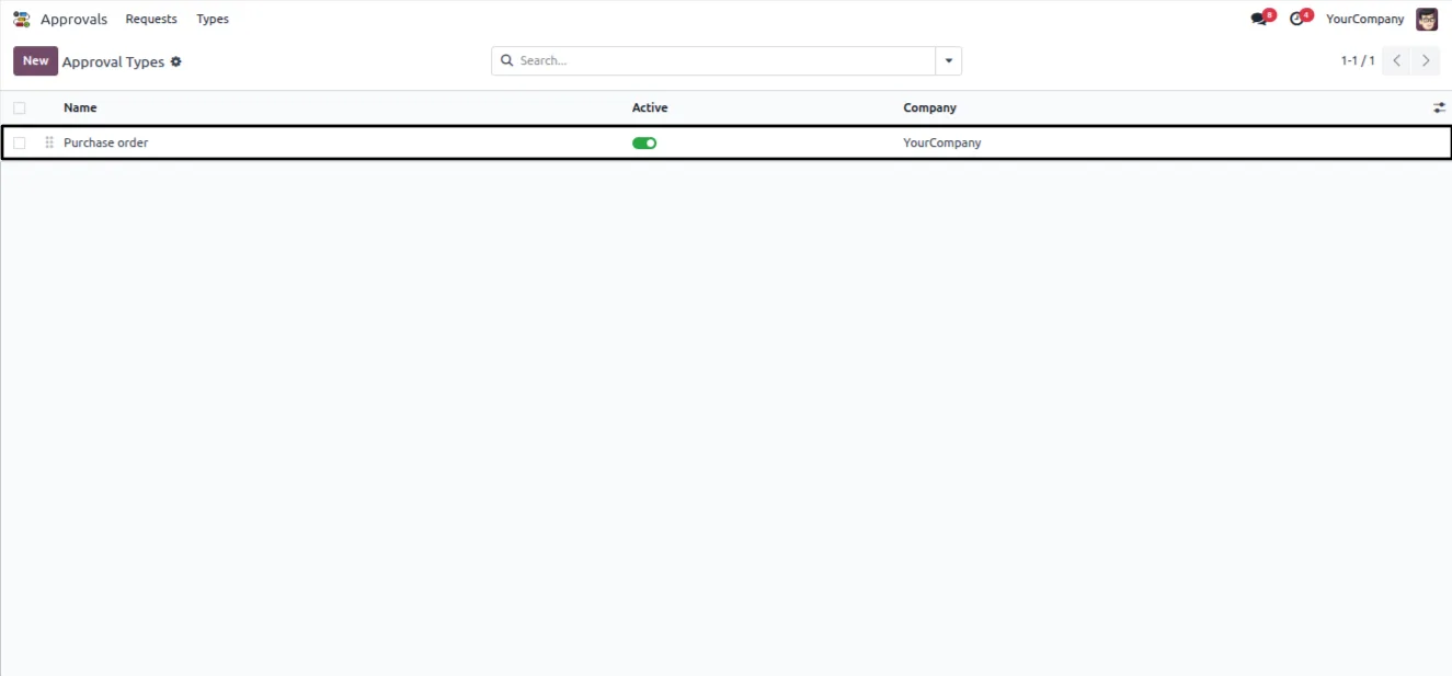 An approval request linked to a source document in Odoo