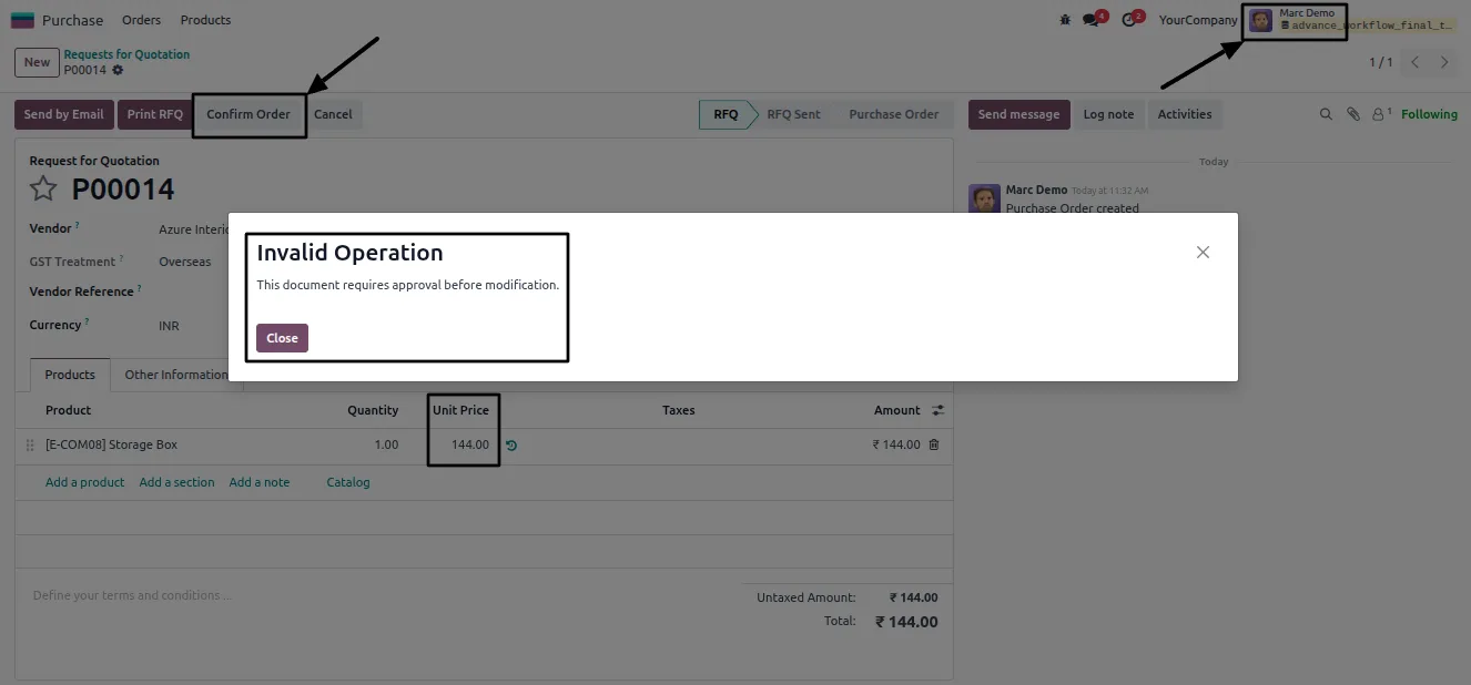 Multi-level sequential approval chain progressing through stages in Odoo