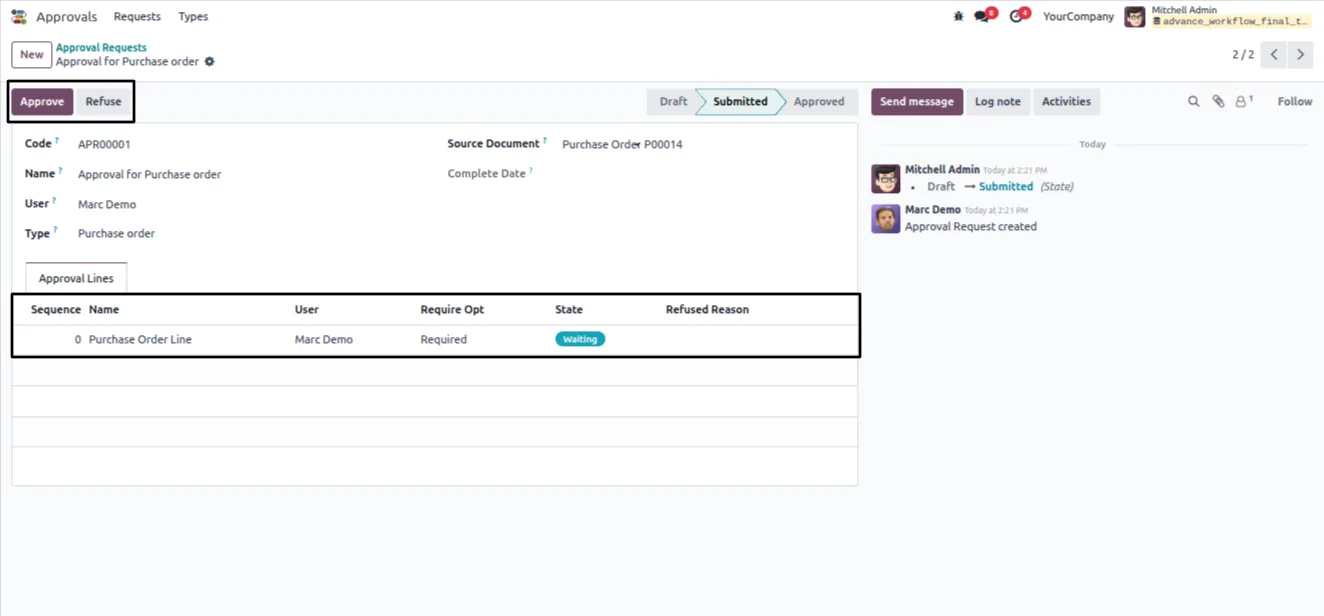 An approved Odoo document with its fields locked