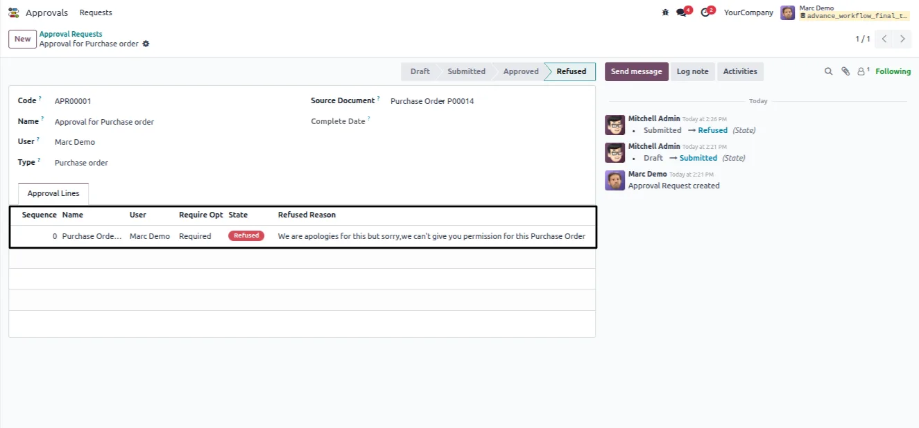 Approval request status overview in Odoo