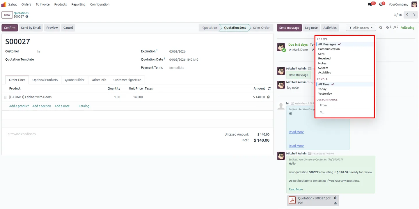 The Advanced Chatter Filter message-type filter list open in Odoo