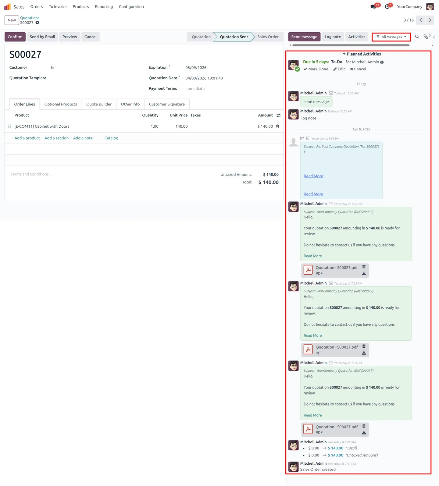 An unfiltered Odoo chatter showing all message types together