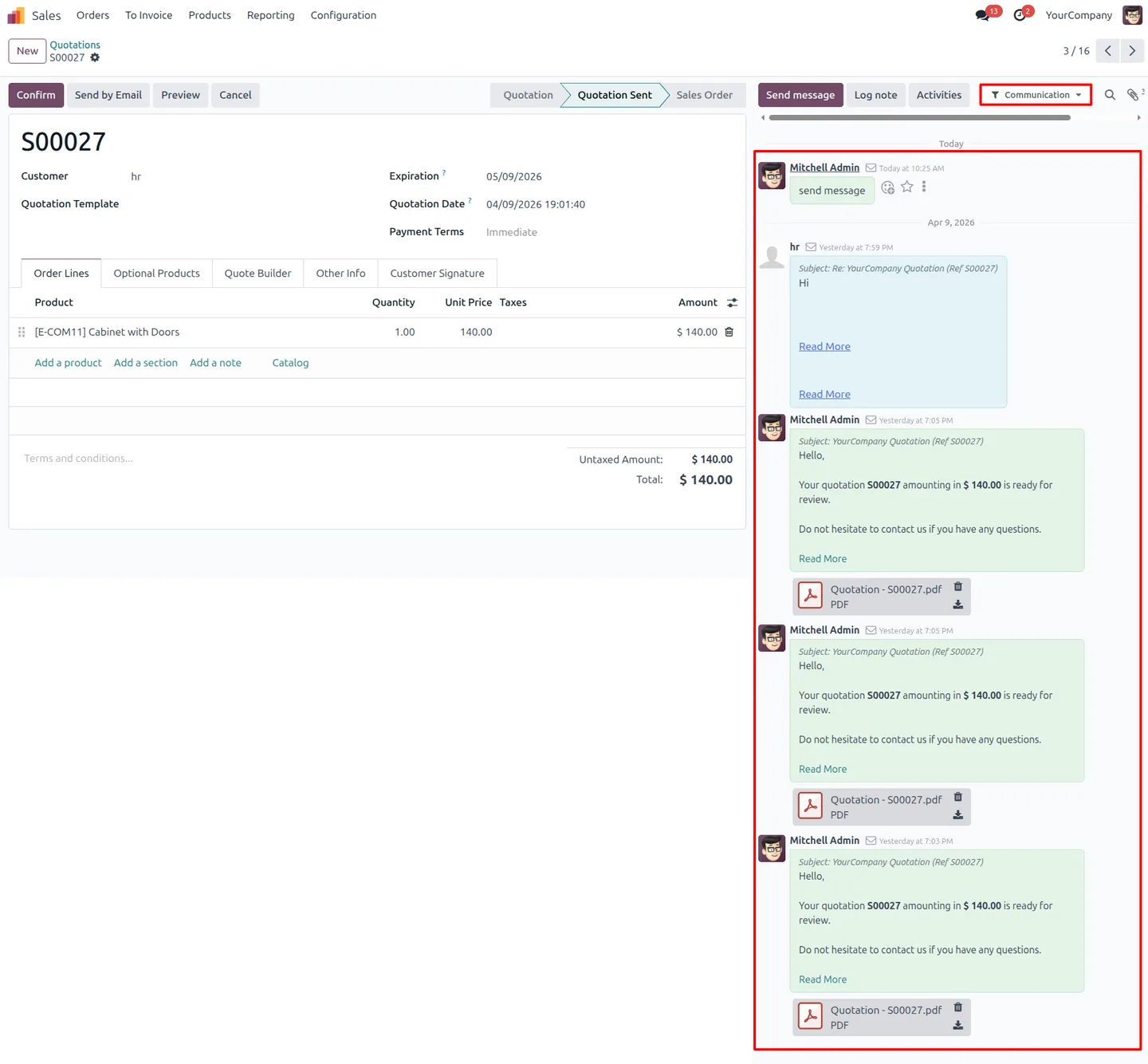 Odoo chatter filtered to show only customer communications