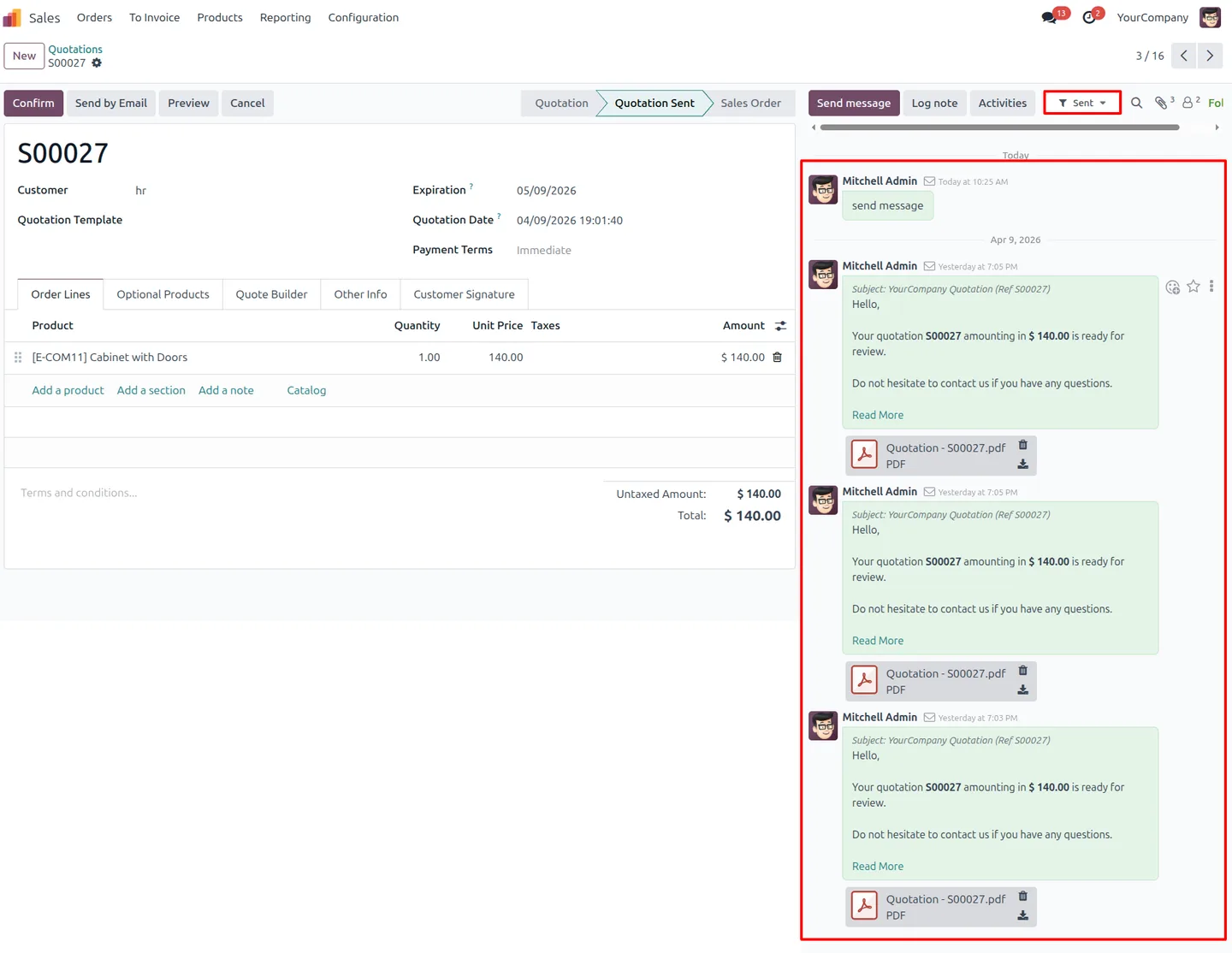Odoo chatter filtered to show only sent messages