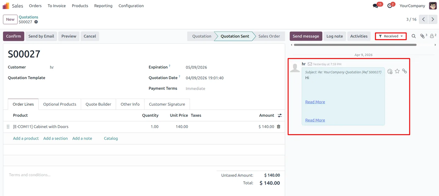 Odoo chatter filtered to show only received messages