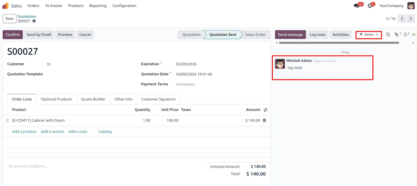 Odoo chatter filtered to show only internal log notes