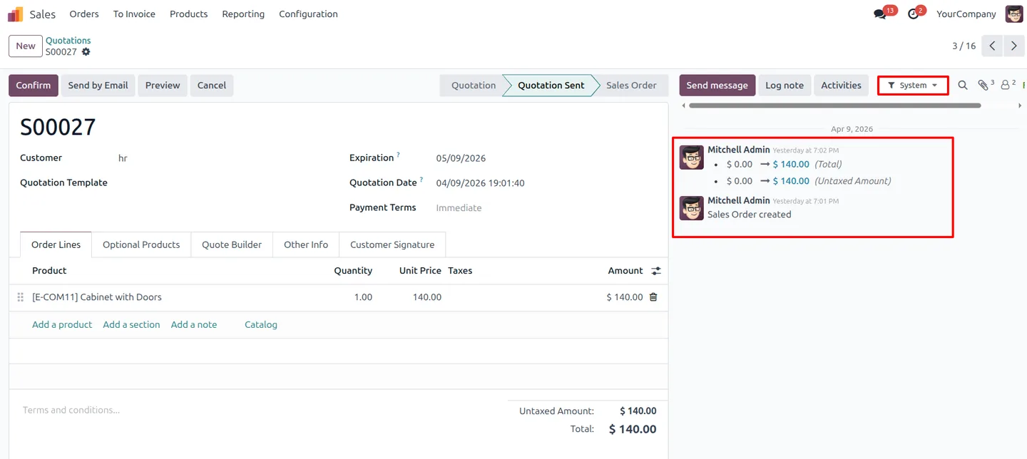 Odoo chatter filtered to show only system-generated messages