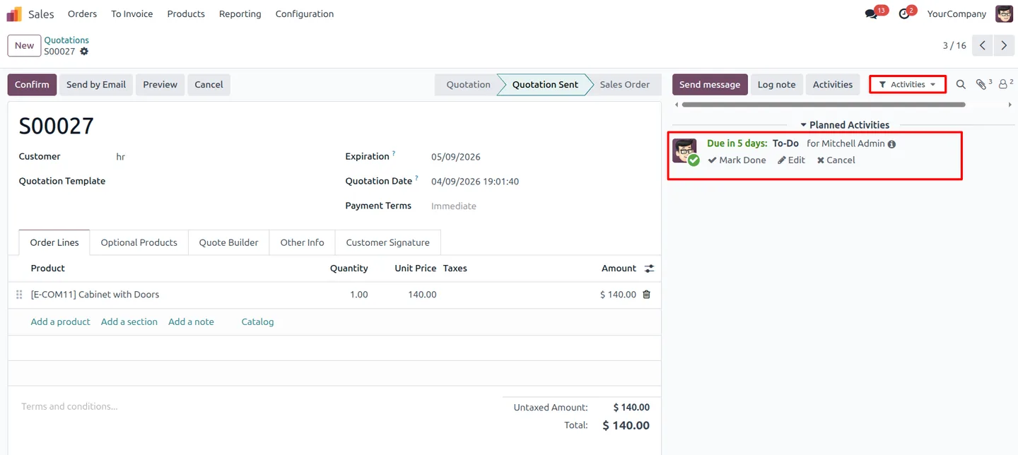 Odoo chatter filtered to show only scheduled activities