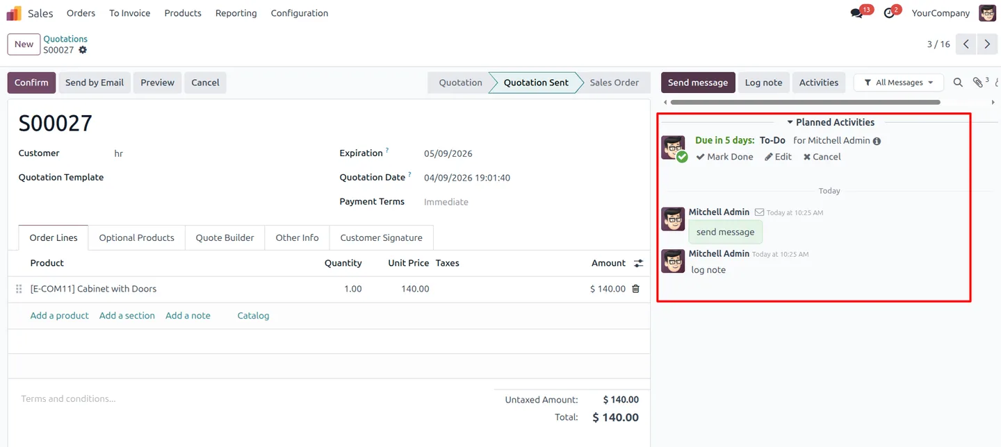Odoo chatter communications filtered to today's date only
