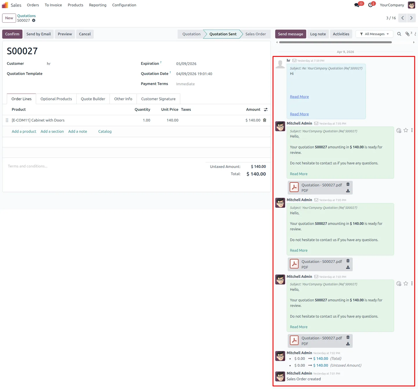 Odoo chatter communications filtered to yesterday's date only