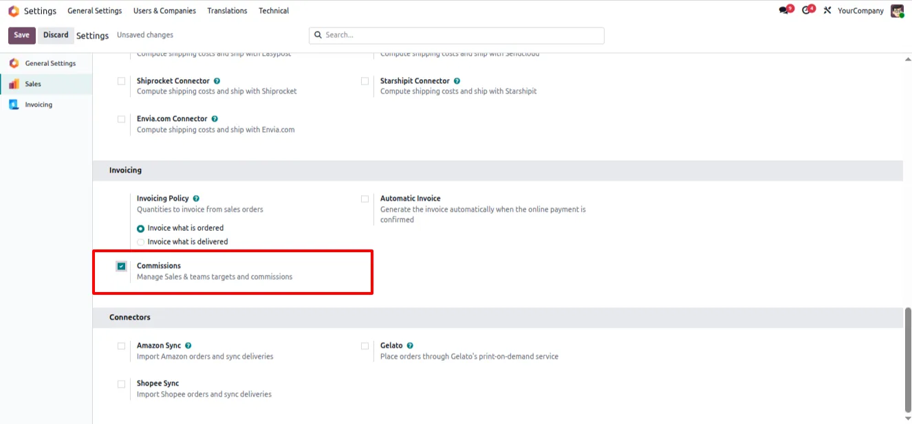 Enabling the commission toggle in the Odoo Sales settings