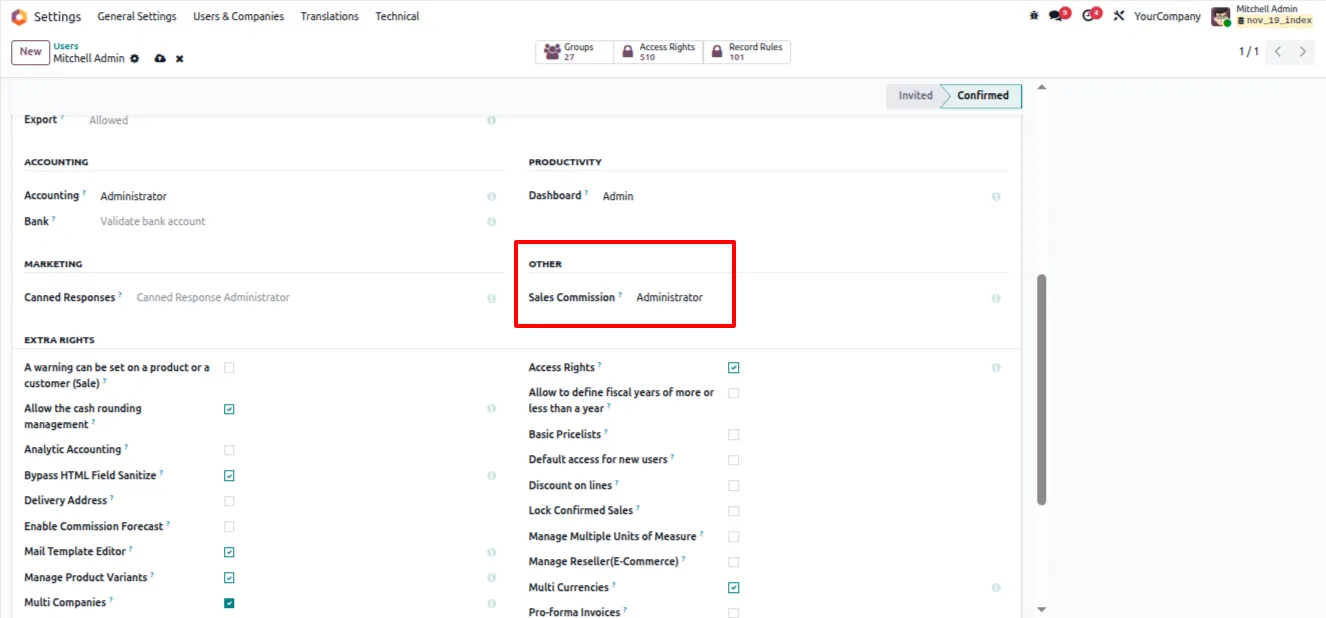 Assigning Sale Commission access rights on an Odoo user record