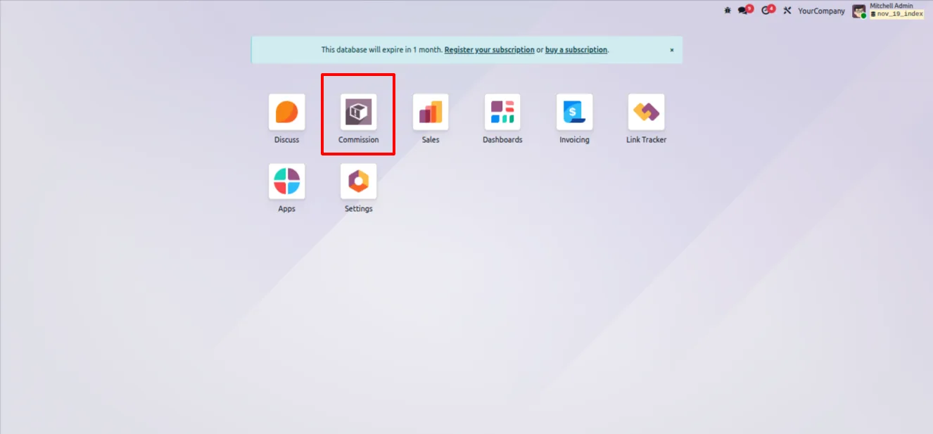 The Advanced Sales Commission app dashboard in Odoo